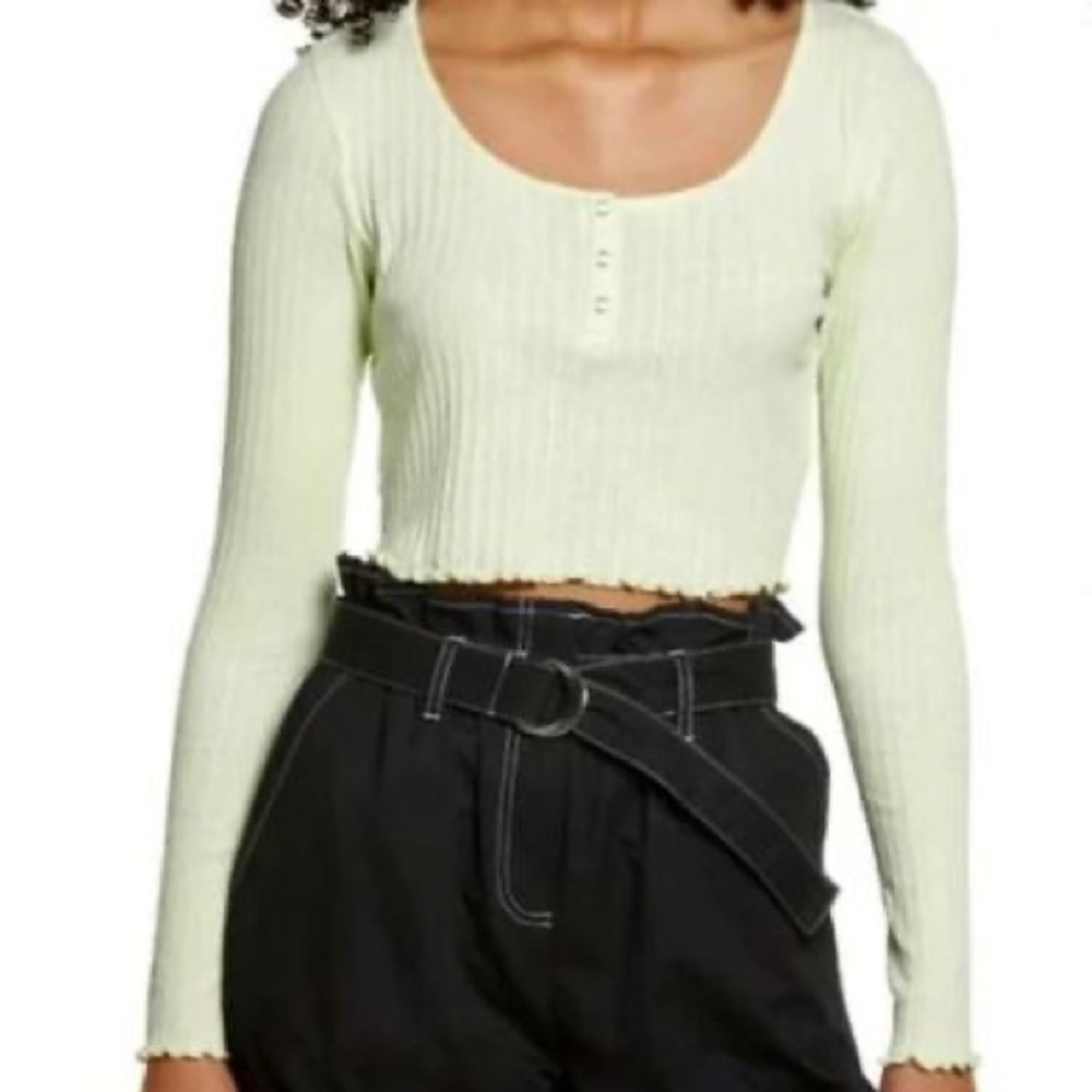 BP. Light Green Lettuce Edge Hem Long Sleeve Crop Top - Women size medium